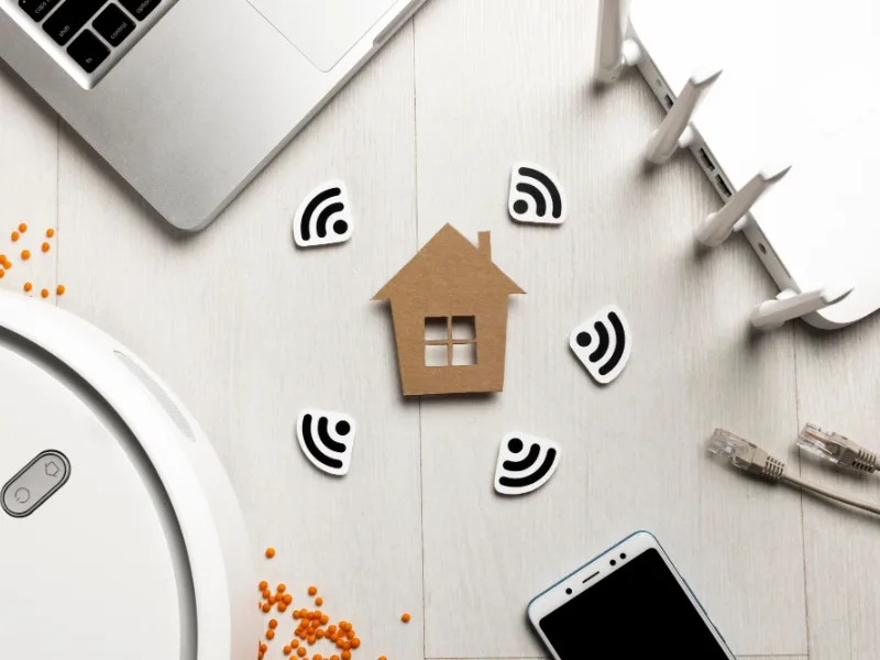 Maison connectée : box Wi-Fi, smartphone et aspirateur robot reliés au réseau de la maison