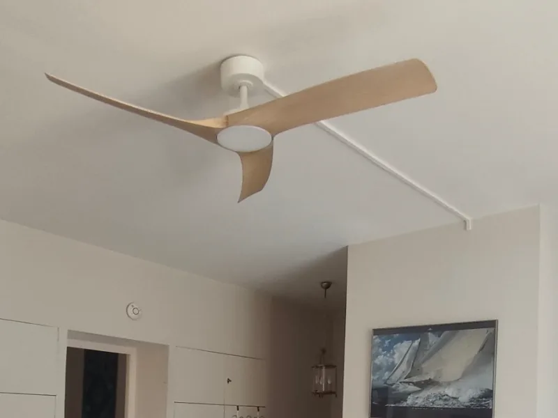 Ventilateur de plafond avec éclairage, posé et raccordé dans un séjour