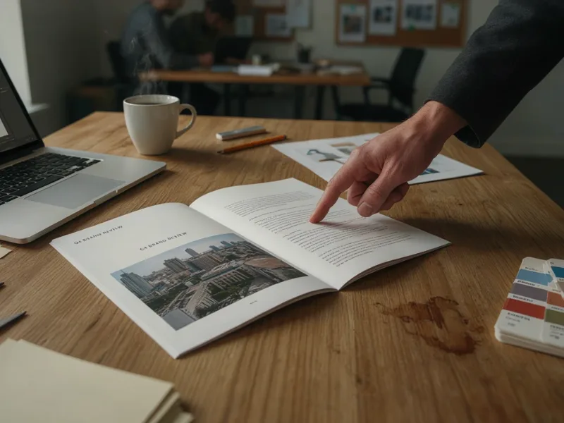 Relecture d'une brochure imprimée avec nuancier de couleurs et ordinateur portable