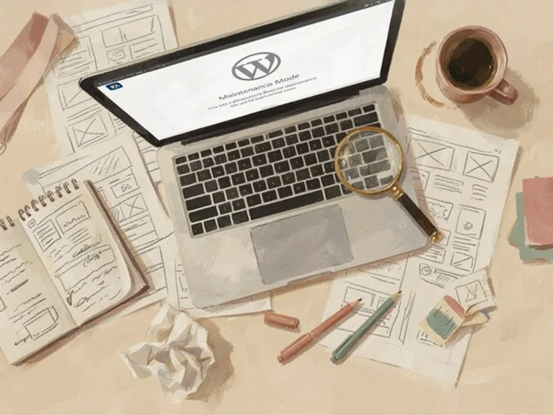 Illustration d'un site WordPress en mode maintenance avec maquettes et loupe