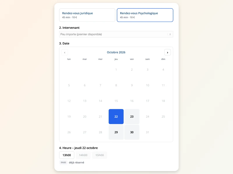 Module de prise de rendez-vous en ligne développé par HappyFrog : choix du service, de l'intervenant, de la date et de l'heure